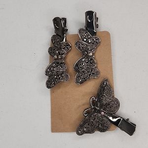 Vintage! Butterfly Silver Toned Alligator Clip Barrettes in 2 Matching & 1 Solo